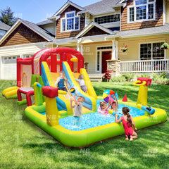 NB-HL033 Inflatable Bounce House with Ball Pit Water Slide Wet Dry Use,Water Spray Gun,Basketball Hoop,Bouncy House for Toddler Kids