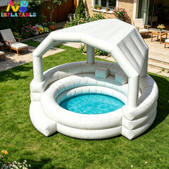 NB-PB031 White Inflatable Swimming Pool with Canopy, Outdoor Family Lounge Pool with Built-in Seats