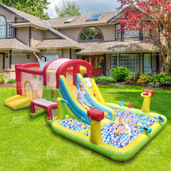 NB-HL033 Inflatable Bounce House with Ball Pit Water Slide Wet Dry Use,Water Spray Gun,Basketball Hoop,Bouncy House for Toddler Kids