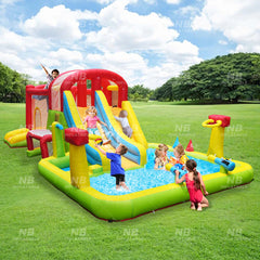 NB-HL033 Inflatable Bounce House with Ball Pit Water Slide Wet Dry Use,Water Spray Gun,Basketball Hoop,Bouncy House for Toddler Kids