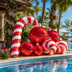 NB-MB032 Inflatable Christmas Candy Cane Decoration with Giant Mirror Ornament Balls Outdoor Holiday Display for Mall Garden Party Event Decor