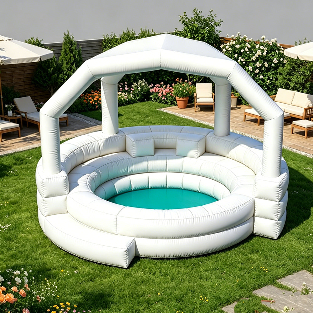 NB-PB031 White Inflatable Swimming Pool with Canopy, Outdoor Family Lounge Pool with Built-in Seats