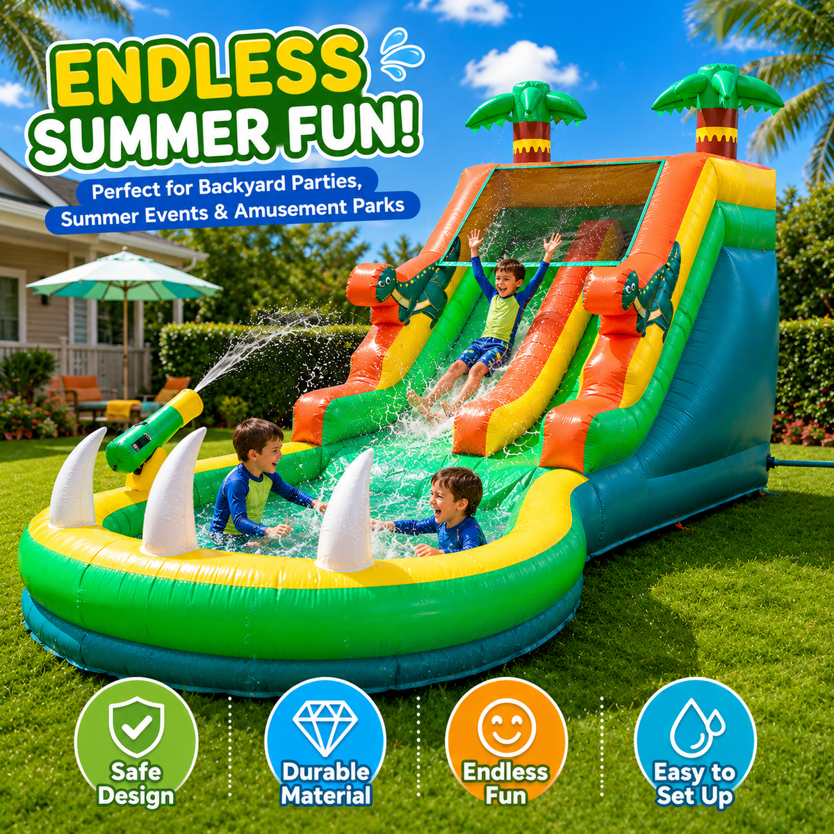 NB-SL065 Tropical Inflatable Water Slide with Splash Pool Heavy-Duty PVC Backyard Small Water Park for Kids Summer Fun