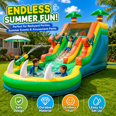 NB-SL065 Tropical Inflatable Water Slide with Splash Pool Heavy-Duty PVC Backyard Small Water Park for Kids Summer Fun