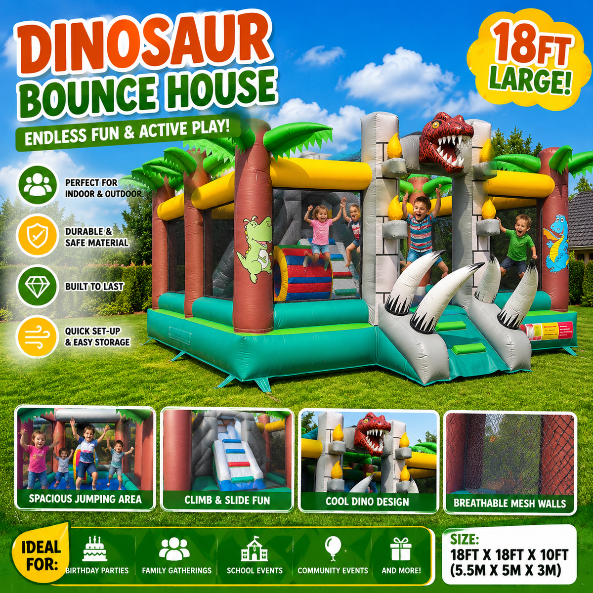 NB-BC120 Dinosaur Inflatable Bounce House With Slide Commercial Grade PVC Kids Jumper Castle for Backyard Party Event Rental