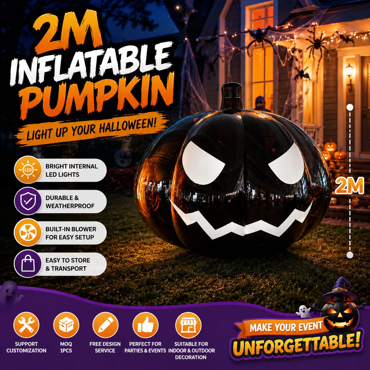 NB-CT036 Custom 2M Large Inflatable Black Pumpkin Weatherproof Inflatable Halloween Decor Party Event Yard Decoration Business