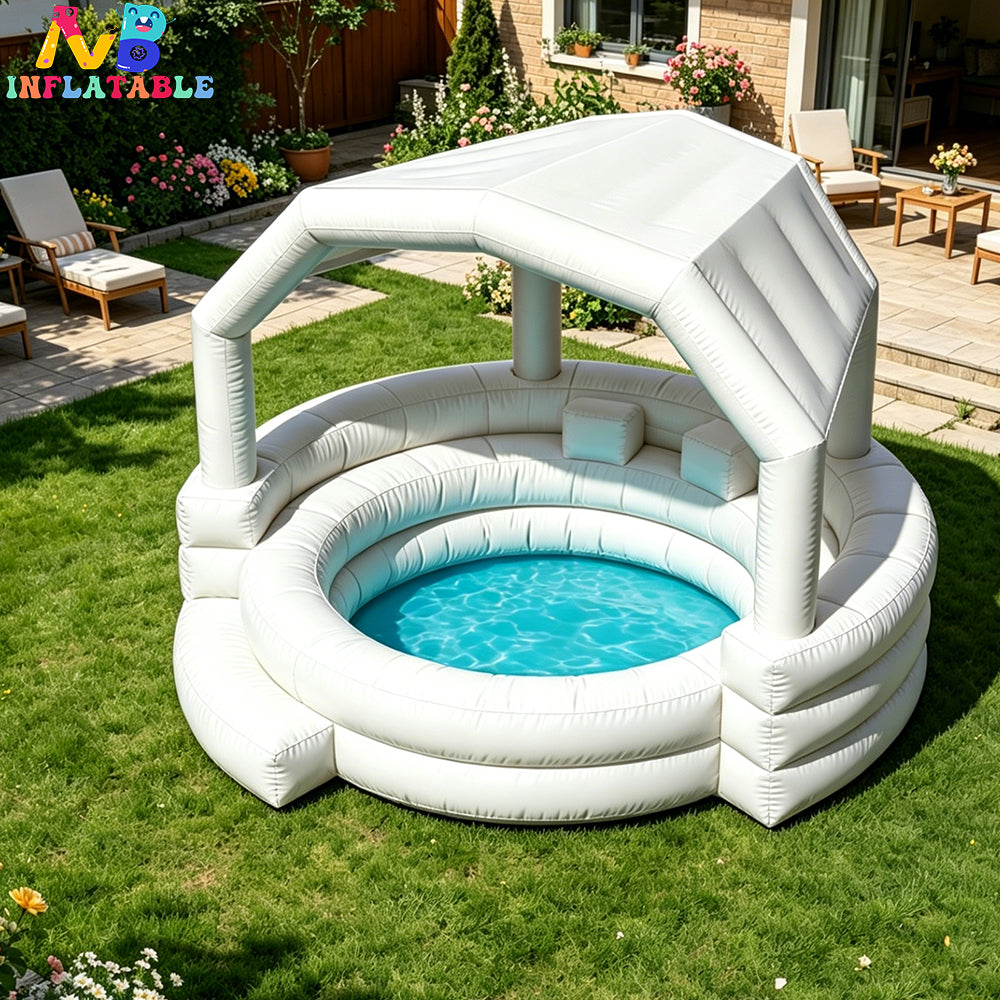 NB-PB031 White Inflatable Swimming Pool with Canopy, Outdoor Family Lounge Pool with Built-in Seats