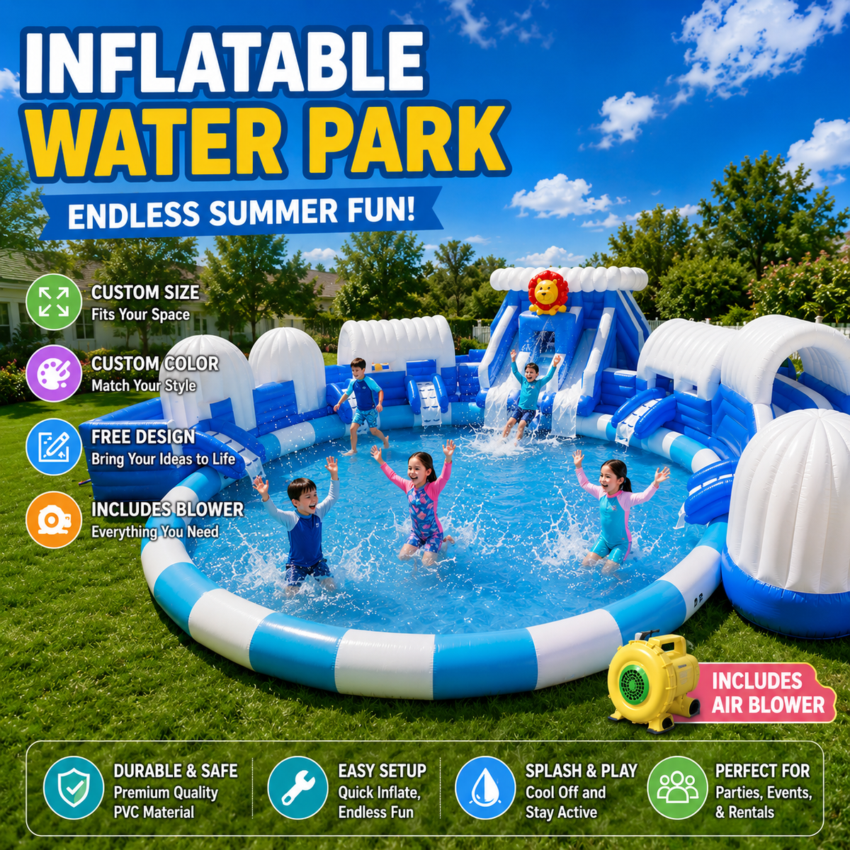 NB-LW049 Custom Giant Inflatable Water Park with Blower Backyard Water Slide Splash Pool for Kids Parties Events