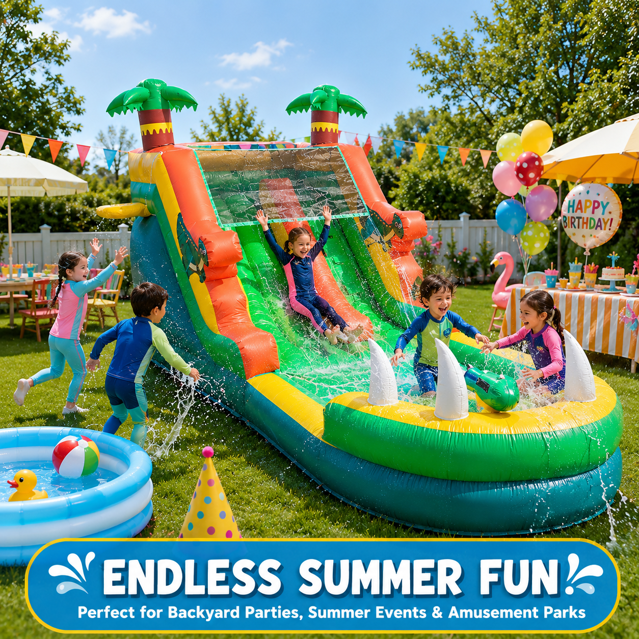 NB-SL065 Tropical Inflatable Water Slide with Splash Pool Heavy-Duty PVC Backyard Small Water Park for Kids Summer Fun