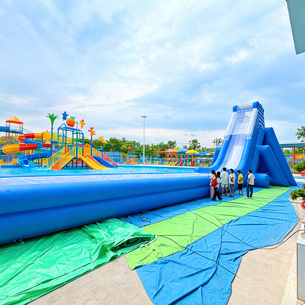 NB-SL061 Giant Blue Commercial Inflatable Water Slide - Long Single Lane Water Slide with Splash Zone for Events & Summer Fun
