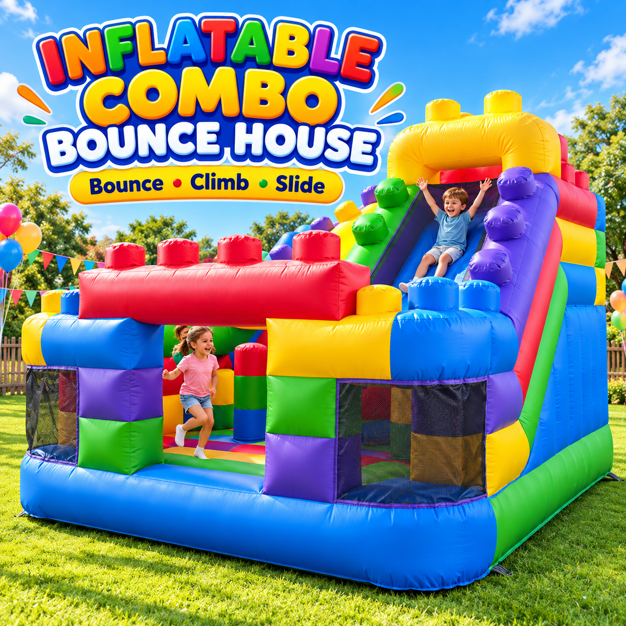 Commercial Inflatable Combo Bounce House with Slide Obstacle Climbing Kids Color Block Castle for Party Rental
