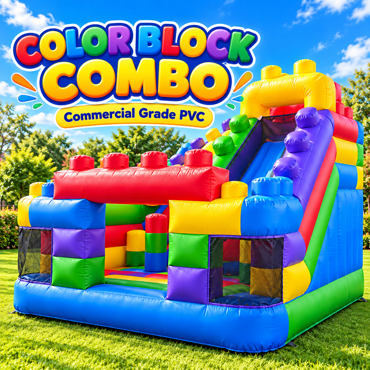 Commercial Inflatable Combo Bounce House with Slide Obstacle Climbing Kids Color Block Castle for Party Rental