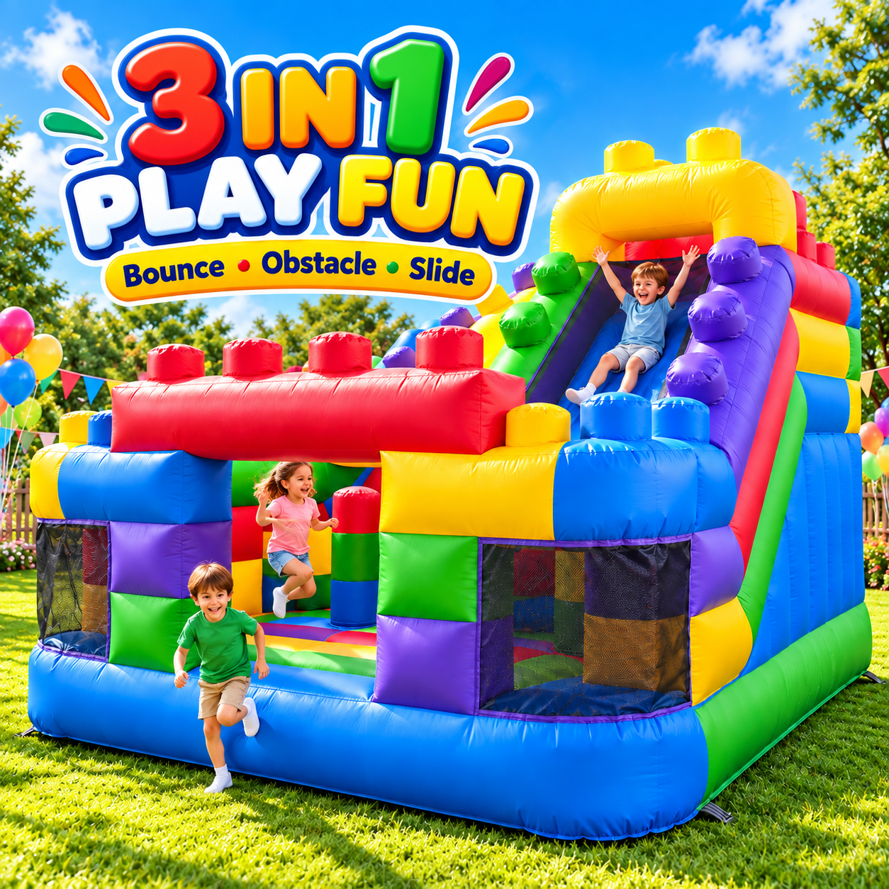Commercial Inflatable Combo Bounce House with Slide Obstacle Climbing Kids Color Block Castle for Party Rental