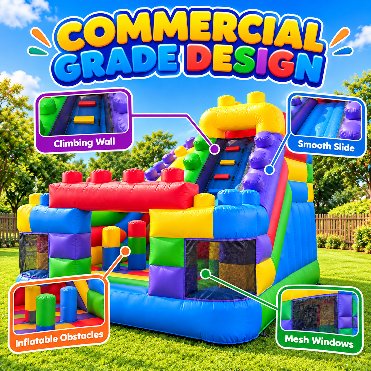 Commercial Inflatable Combo Bounce House with Slide Obstacle Climbing Kids Color Block Castle for Party Rental