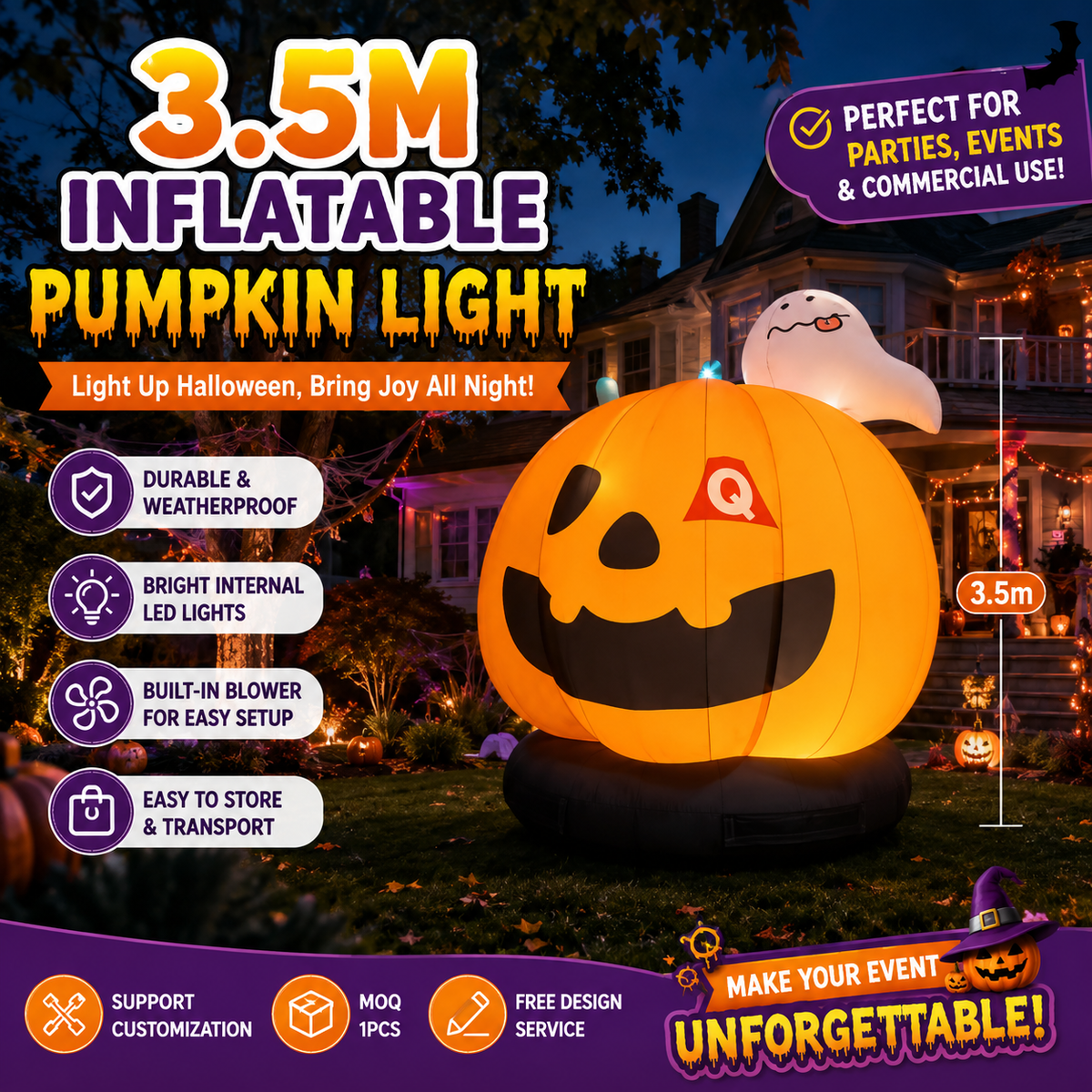 NB-CT037 Giant Inflatable Halloween Pumpkin with Ghost Decor Weatherproof Inflatable Pumpkin Light for Outdoor Commercial Event Rental