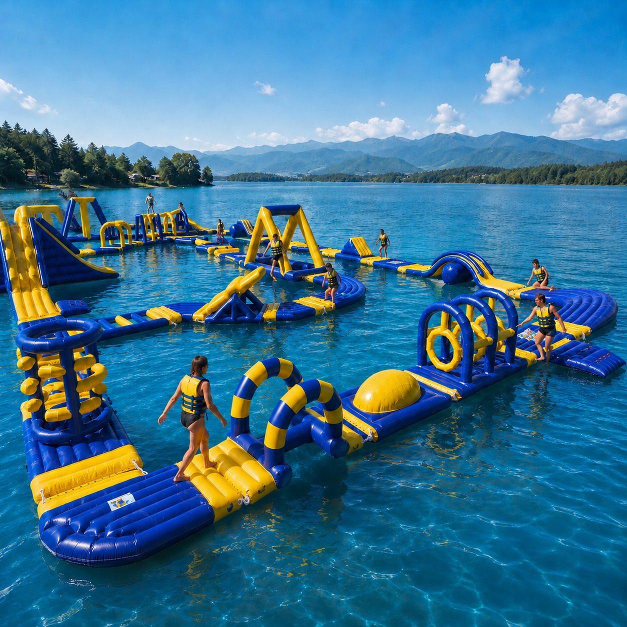 NB-WP028 Commercial Inflatable Water Park Equipment Floating Obstacle Course with Slides and Climbing Challenges