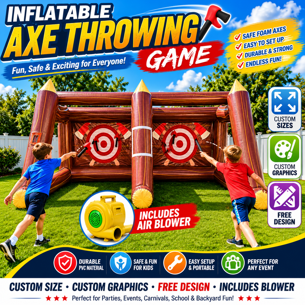 NG-SG094 Commercial Inflatable Axe Throwing Game with Foam Axes & Air Blower | Custom Size, Custom Graphics & Free Design Service