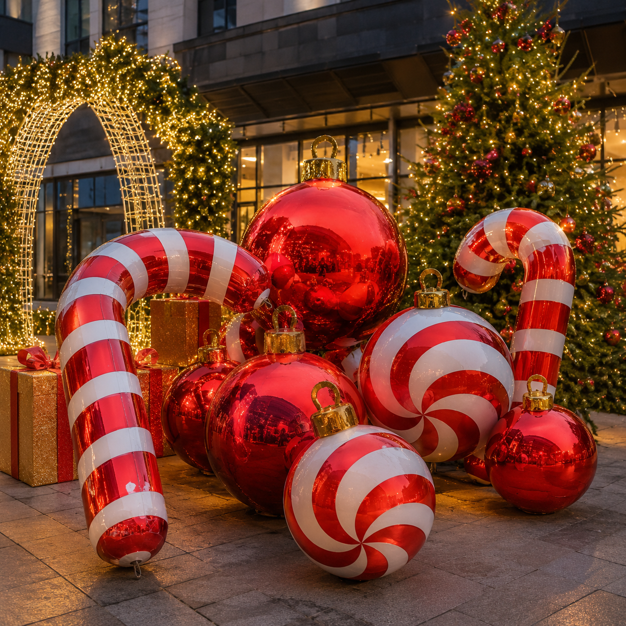 NB-MB032 Inflatable Christmas Candy Cane Decoration with Giant Mirror Ornament Balls Outdoor Holiday Display for Mall Garden Party Event Decor