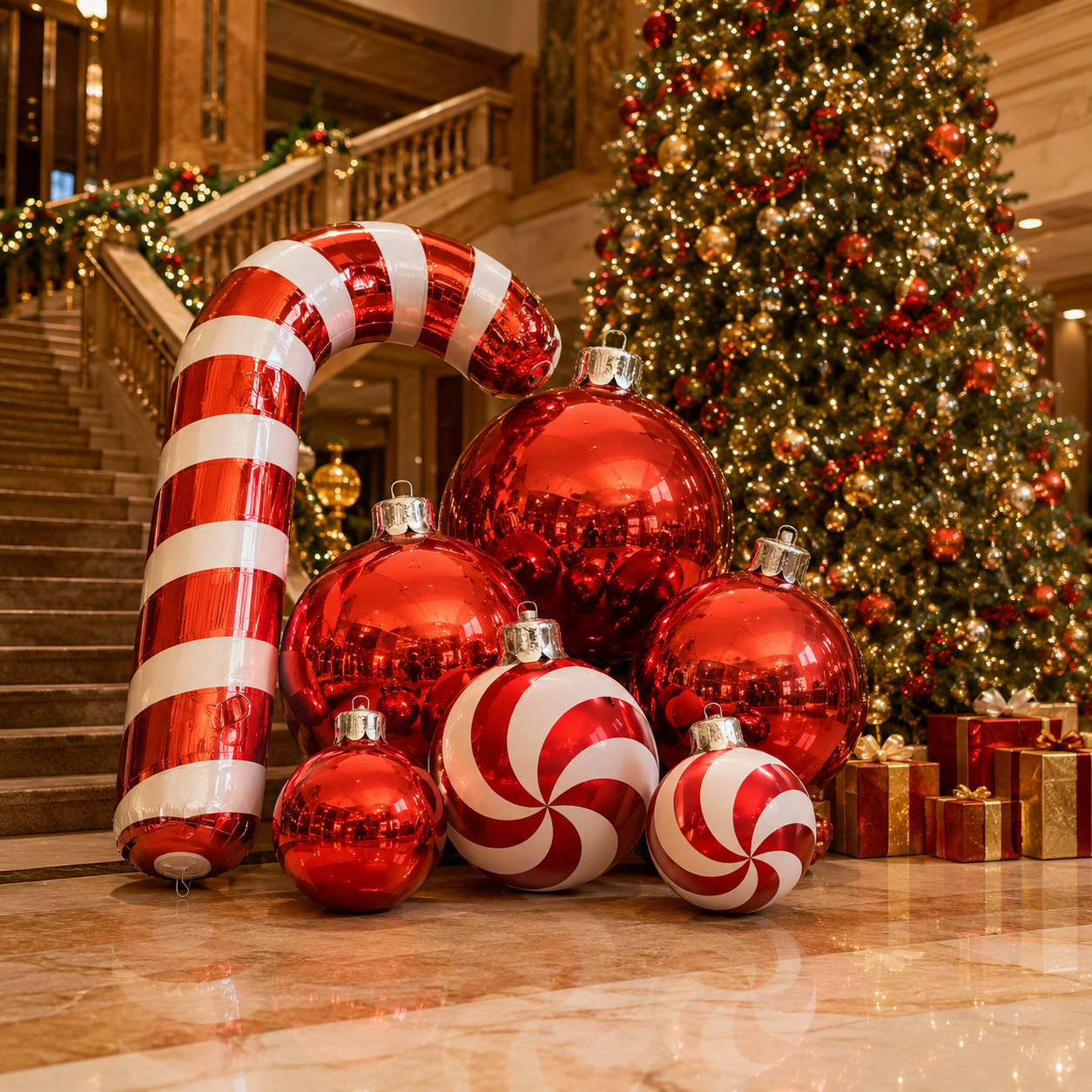 NB-MB032 Inflatable Christmas Candy Cane Decoration with Giant Mirror Ornament Balls Outdoor Holiday Display for Mall Garden Party Event Decor