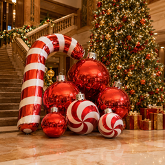 NB-MB032 Inflatable Christmas Candy Cane Decoration with Giant Mirror Ornament Balls Outdoor Holiday Display for Mall Garden Party Event Decor