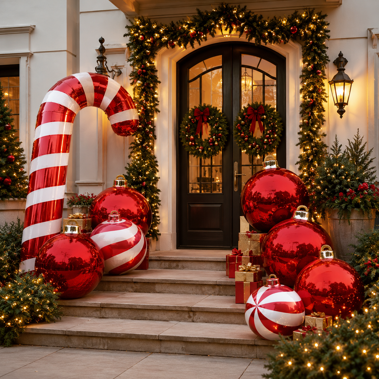 NB-MB032 Inflatable Christmas Candy Cane Decoration with Giant Mirror Ornament Balls Outdoor Holiday Display for Mall Garden Party Event Decor