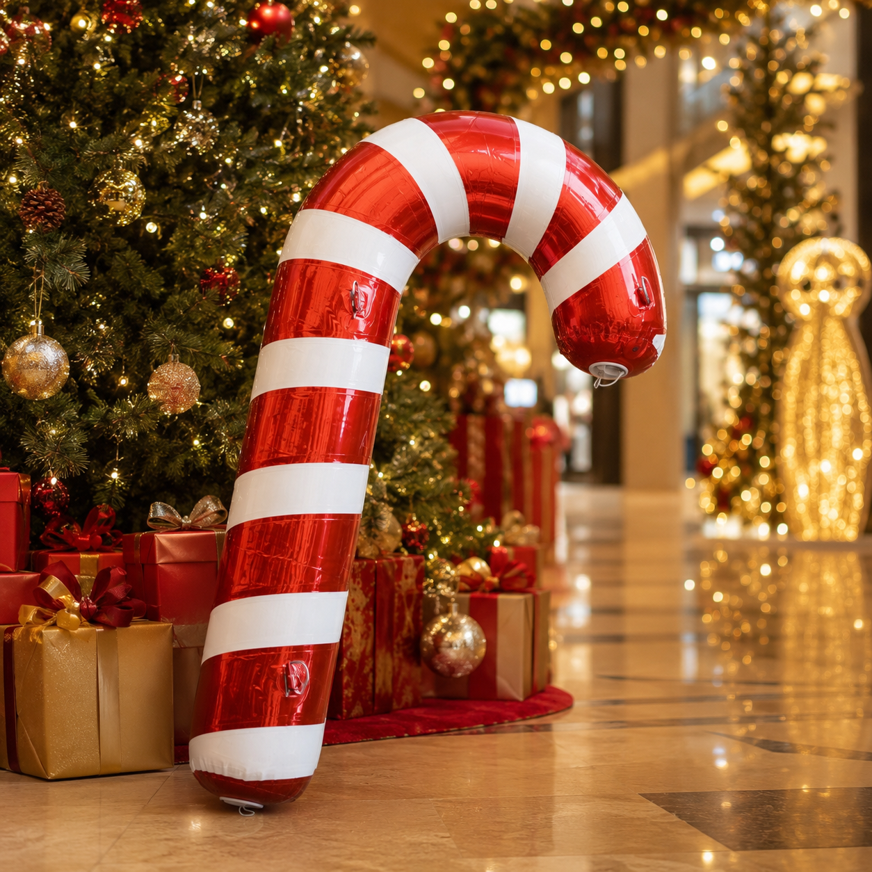 NB-MB032 Inflatable Christmas Candy Cane Decoration with Giant Mirror Ornament Balls Outdoor Holiday Display for Mall Garden Party Event Decor
