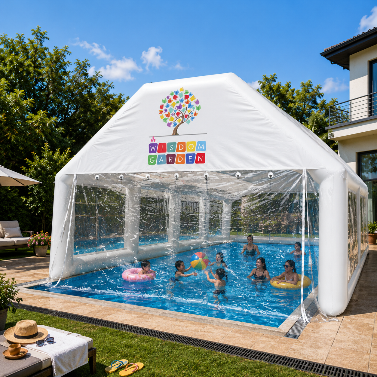 NB-TE061 Inflatable Pool Tent UV Resistant Waterproof Large Space Inflatable Canopy for Backyard Swimming Pool Quick Setup Outdoor Water Play Shelter for Kids Family