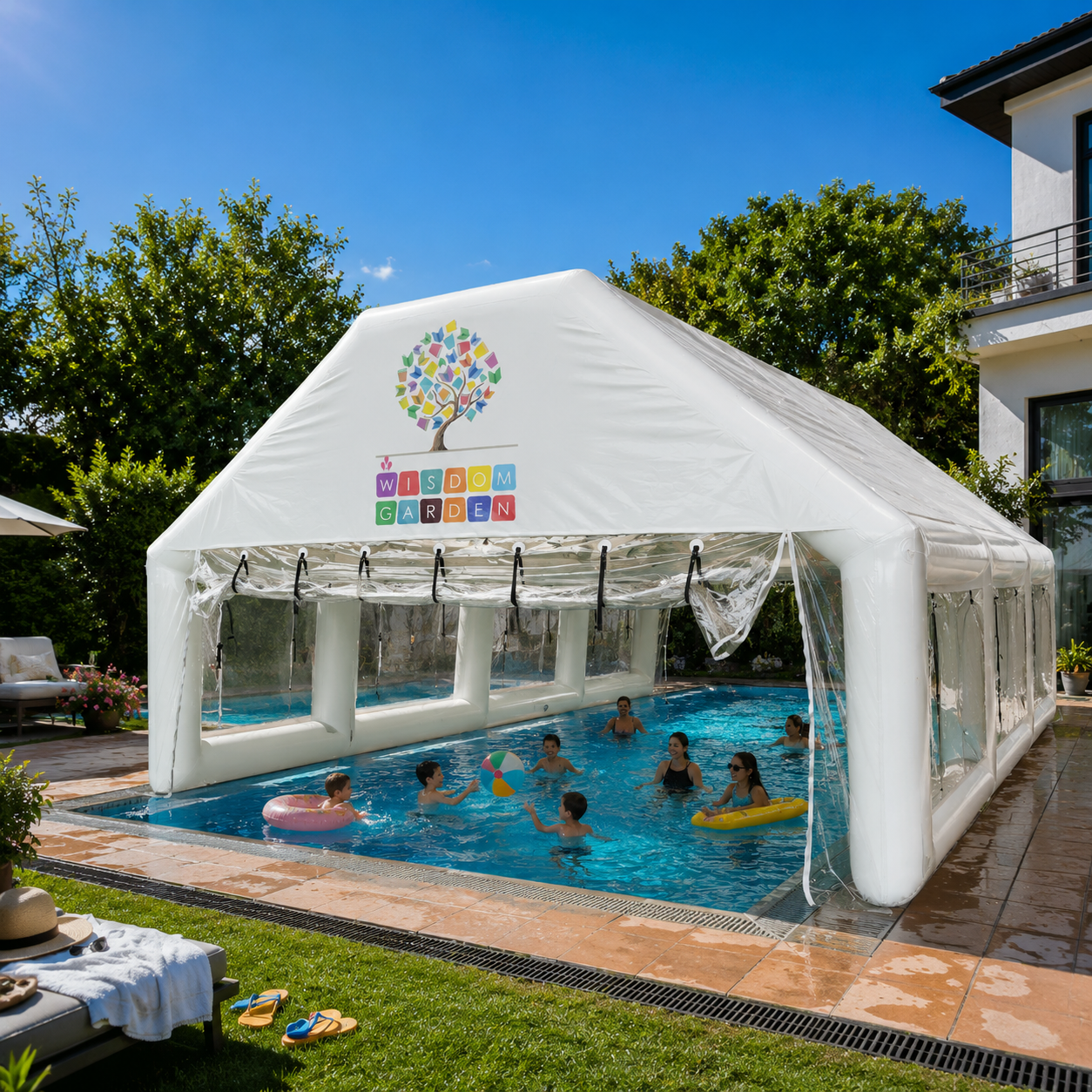 NB-TE061 Inflatable Pool Tent UV Resistant Waterproof Large Space Inflatable Canopy for Backyard Swimming Pool Quick Setup Outdoor Water Play Shelter for Kids Family