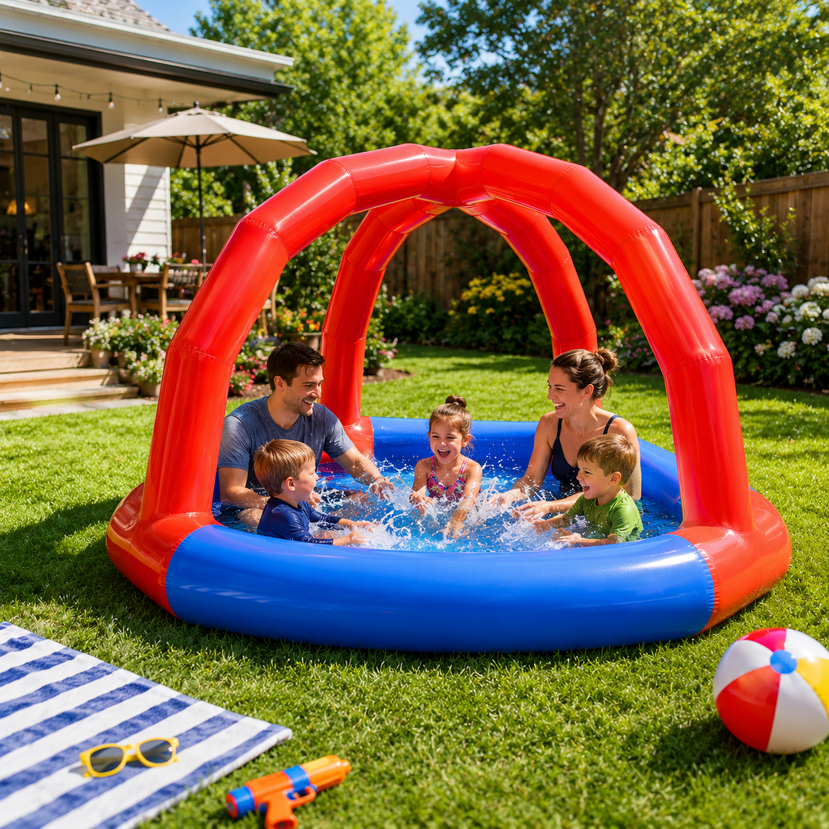 NB-WTP024 Large Inflatable Kids Water Splash Pool with Built-in Sprinkler Canopy, Outdoor Blow Up Backyard Water Play Pool for Toddlers Children Summer Garden Splash Fun