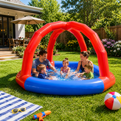 NB-WTP024 Large Inflatable Kids Water Splash Pool with Built-in Sprinkler Canopy, Outdoor Blow Up Backyard Water Play Pool for Toddlers Children Summer Garden Splash Fun