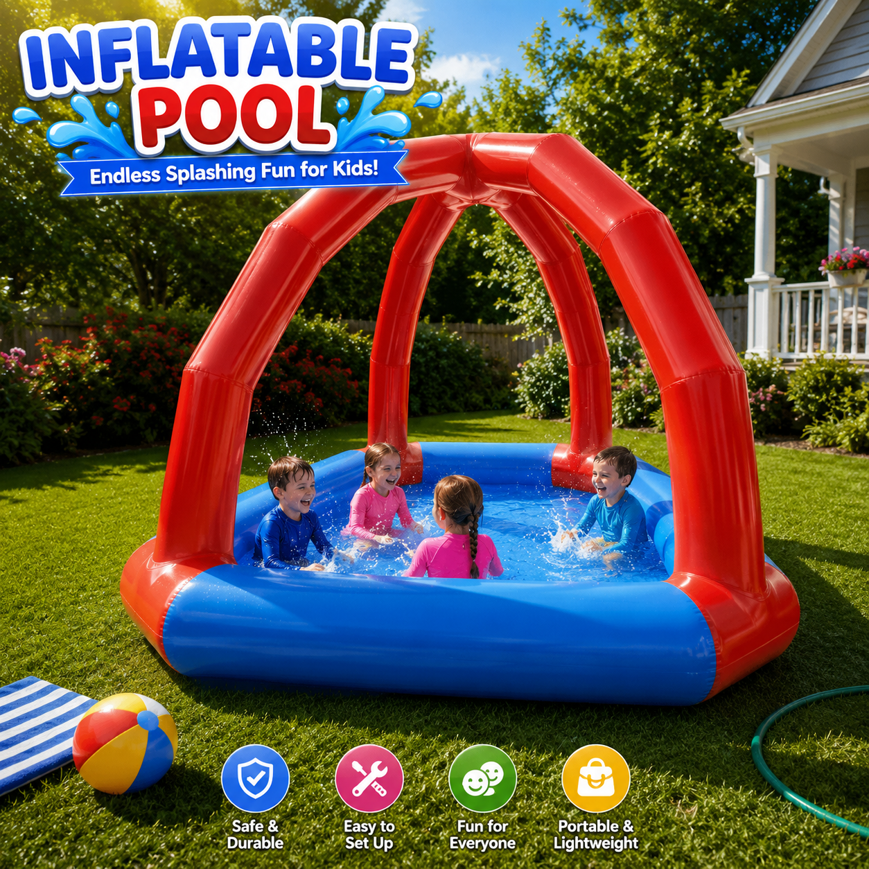NB-WTP024 Large Inflatable Kids Water Splash Pool with Built-in Sprinkler Canopy, Outdoor Blow Up Backyard Water Play Pool for Toddlers Children Summer Garden Splash Fun