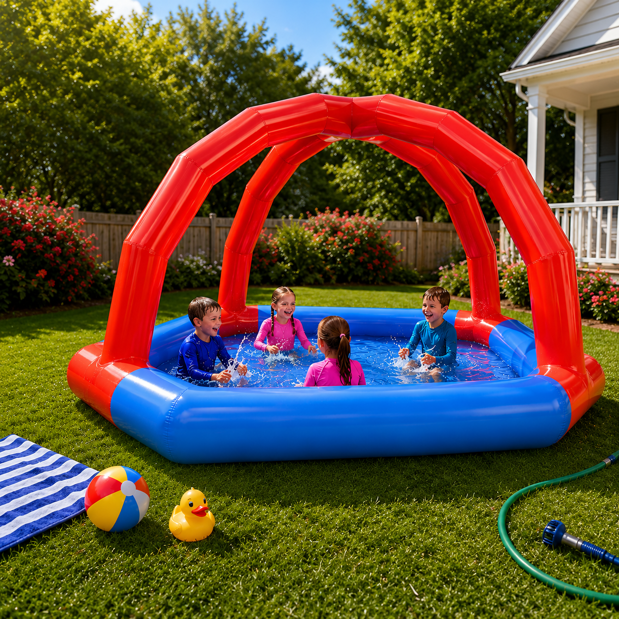 NB-WTP024 Large Inflatable Kids Water Splash Pool with Built-in Sprinkler Canopy, Outdoor Blow Up Backyard Water Play Pool for Toddlers Children Summer Garden Splash Fun