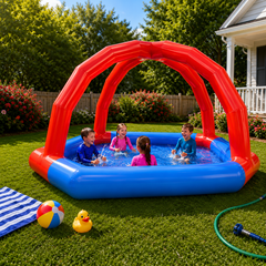 NB-WTP024 Large Inflatable Kids Water Splash Pool with Built-in Sprinkler Canopy, Outdoor Blow Up Backyard Water Play Pool for Toddlers Children Summer Garden Splash Fun